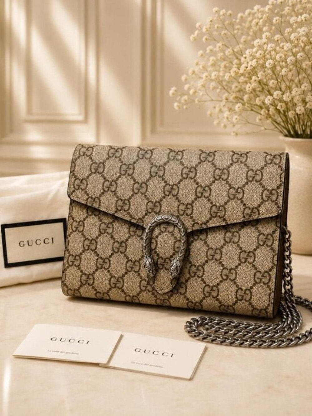 Authentic Gucci Dionysus GG Supreme Chain Wallet Crossbody Shoulder Bag